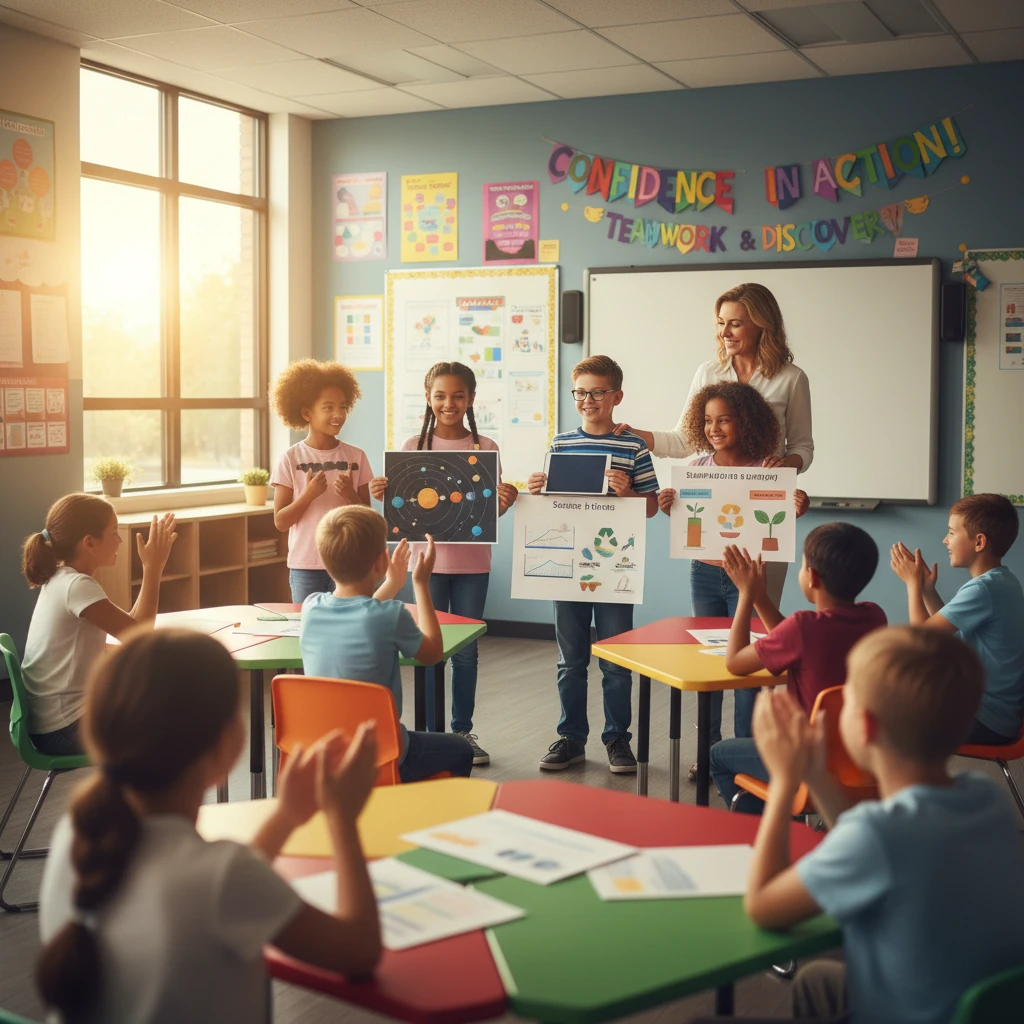 دانش‌آموزان با اعتماد به نفس در کلاس در حال ارائه با حمایت معلم